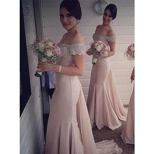 Pink Cheap Bridesmaid Dresses Under 50 Mermaid Off The Shoulder Chiffon Beaded Long Wedding Party Dresses For Women