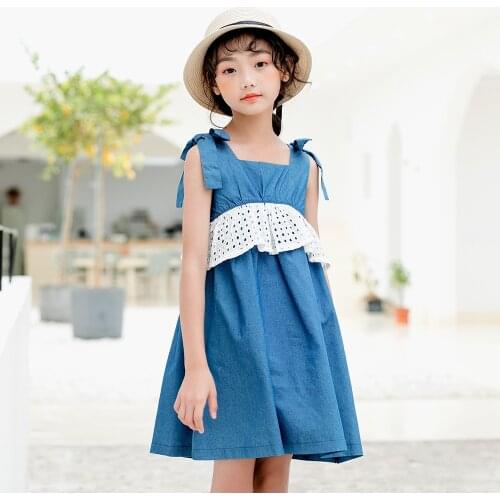 New 2021 Summer Lace Mosaic Ruffled Princess Dress Korean Girls Cowboy Dress Kids Clothes