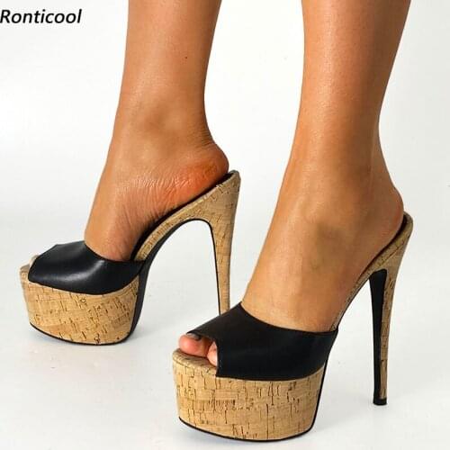 Ronticool 2021 New Women Platform Slingback Sandals Heeled Slippers Stiletto Heels Open Toe Charm Black Beach Shoes US Size 5-20