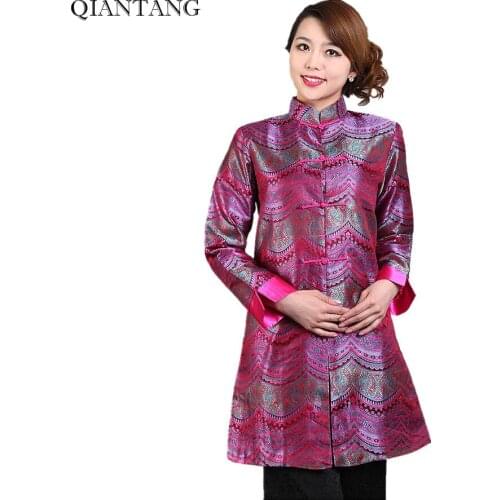 Novelty Hot Pink Female Women Long Jacket Satin Coat Classic Chinese Tang Clothing Mujer Chaqueta Size S M L XL XXL XXXL Mne01B