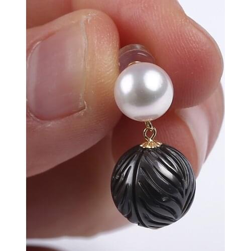 New style gold jewelry white natural round freshwater and Tahitian Carving Pearl Earrings