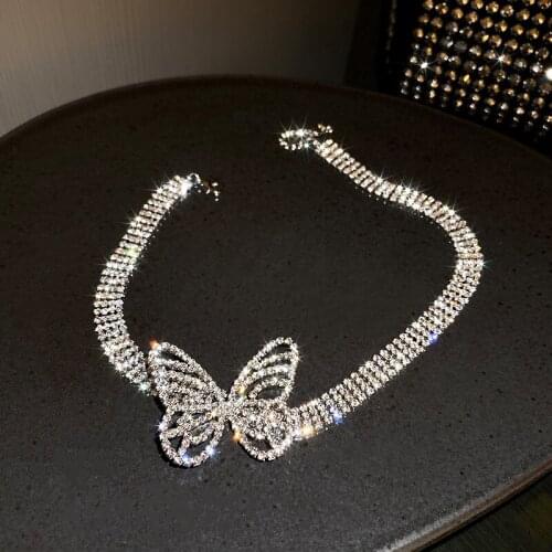 Shining Full Rhinestone Choker Necklace for Women Elegant Simple Fashion Butterfly Clavicle Necklace Korean New Design Jewelry