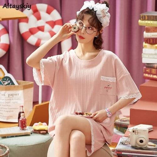 Pajama Sets Women Summer Comfortable Sweet Female Stripped Loose Sleepwear Cute O-neck Underwear Ruffles Simple Fashion New Lace