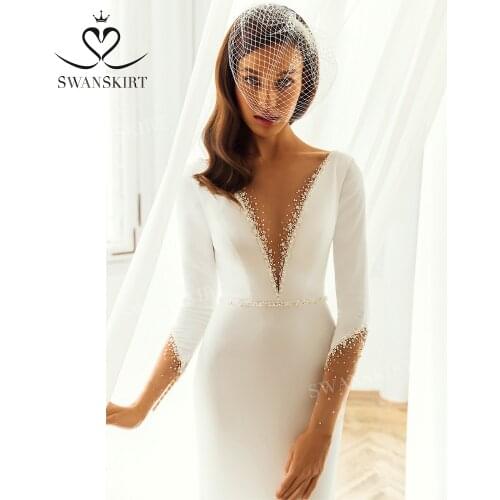 V-neck Beaded Wedding Dress 2021 Long Sleeve Mermaid Satin Court Train Vestido De Novia Princess SwanSarah L151 Bridal Gown