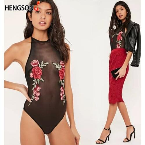 See Through Mesh one-piece Suit Rose Embroidered Swimsuit Women Sexy non-padded Bathing Suit Transparent Swimwear Black