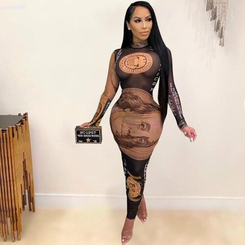 Sexy Mesh Dollar Money Dress Plus Size Turtleneck Sundress See Through Party Night Club Wear Fall Autumn Black Clothing S-3xl