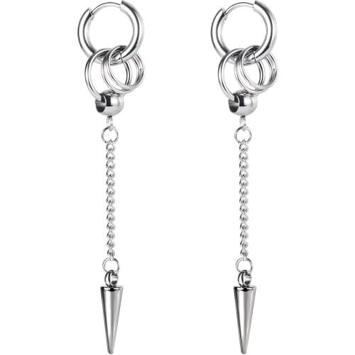 Korean Long Tassel Chain Awl Dangle Earrings Stainless Steel Double Circle Earrings for Men Boy Girl Punk Jewelry