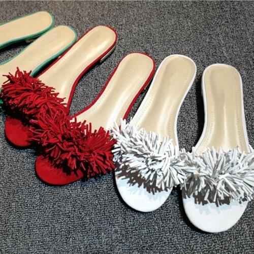 Sandalia feminina red fringe slippers women slides summer leather beach flip flops gladiator sandals flats mules shoes luxury