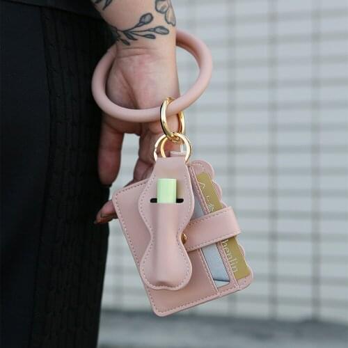 Lipstick Bag Change Card Bag Female PU Leather Out Portable Tassel Pendant Round Bracelet Keychain