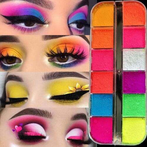 12 Color Phosphor Mixed Neon Powder Eyeshadow Pallete Pigment Matte Mineral Spangle Nail Powder Cosmetics Make Up EyeShadow Set