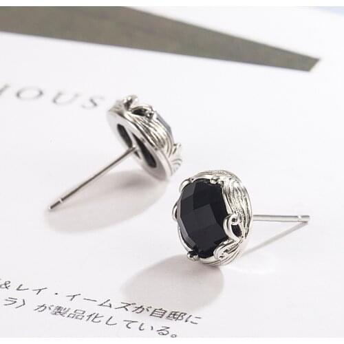 Korean Simple Round S925 Sterling Silver Earrings Female Natural Black Obsidian Silver 925 Jewelry Bizuteria Gemstone Earrings