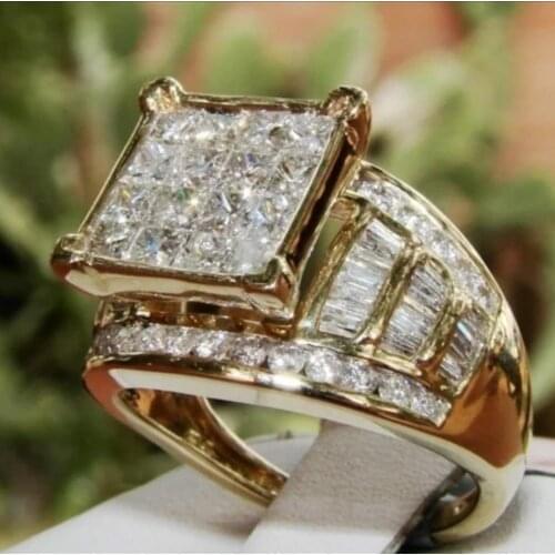 Gu Li Golden Square Full Crystal Micro-Inlaid Zircon Ring For Men Women Party Wedding Jewelry Hand Accessories Size 6-11