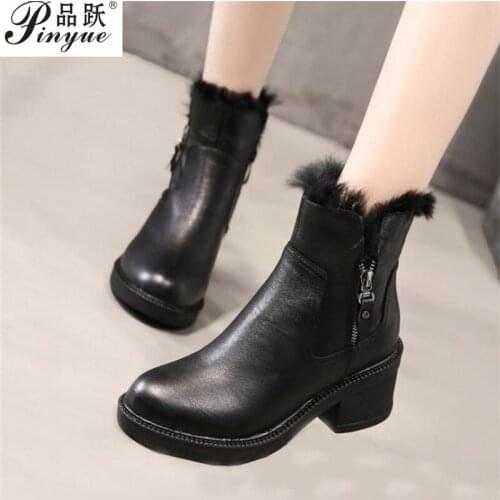 Women Short Boots Cowhide thick with zipper Ankle Square Heel Winter Warm Black Thick Sole Platform Chunky Female Boots