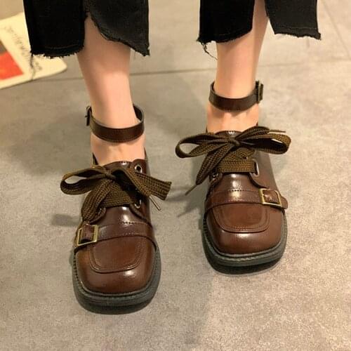 Women Oxford Shoes Belt Lace Up Leather Shoes Retro Square Toe Casual Shoes Buckle Strap Ladies Designer Shoes Autnmn 9236L