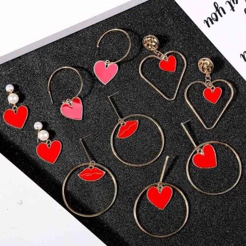 Red Lips Heart Earrings Drop Dangle Earrings for Women Big Round Gold Circle Statement Earrings Boho Wedding Jewelry Gift Aretes