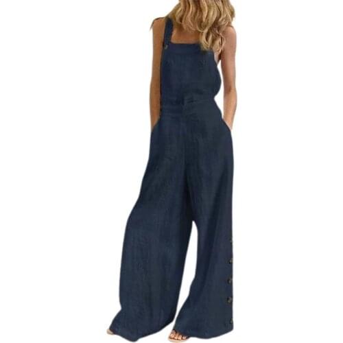 Jumpsuit women summer 2021 Sleeveless Solid Color Wide Leg Pockets Loose Strappy Playsuit Overall for Party Street wear White xl