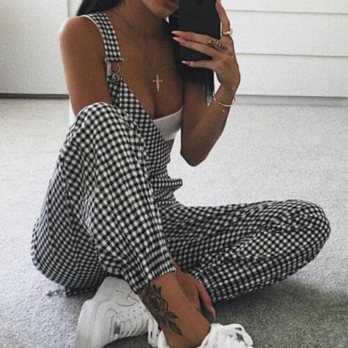 Women Casual Straps Jumpsuits Pants Ladies Summer Autumn Clothes Plaids Checked Playsuits Backless Plain Outfits White&Black