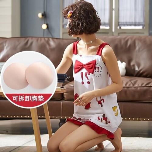 Womens summer thin sling pure cotton with breast pad cute sweet beauty cartoon two piece household suit