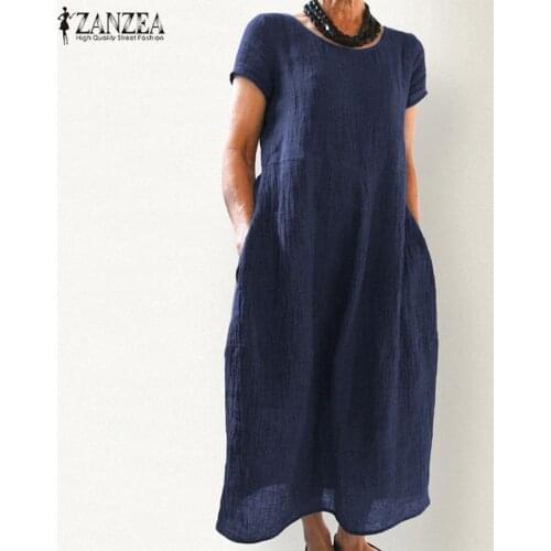 Womens Linen Sundress Short Sleeve Tunic Vestidos ZANZEA 2021 Summer Casual Mid-Calf Dress Female Pleated Shirt Robe