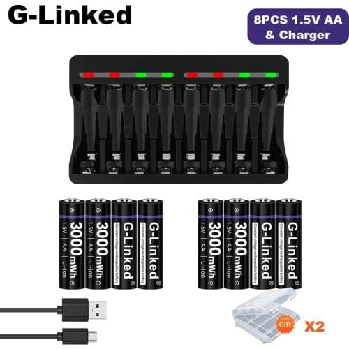 1.5V AA Li-ion Rechargeable Battery 1.5v AA Battery AA 1.5V Lithium Battery 3000mWh and 8 slots 1.5V Lithium Battery Charger