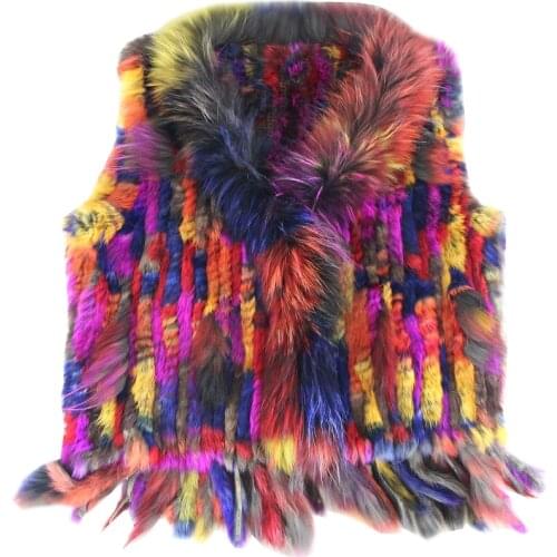 2021 New colour real rabbit knitted fur vest with genuine raccoon fur collar women winter warm fur jacket overcoat