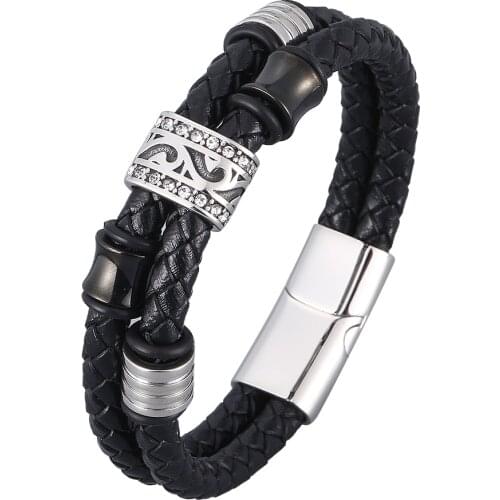 Fashion Stainless Steel Charm Magnetic Black Men Bracelet Leather Genuine Braided Punk Rock Bangles Jewelry Birthday Gift BB0955