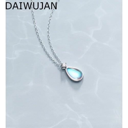 DAIWUJAN 100% 925 Sterling Silver Pendant Necklaces For Women Korean Gradient Colored Water Drop Crystal Clavicle Chain Necklace