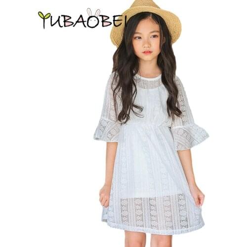 Summer Dress For Girl Childrens Clothes Korean Style Polyester Solid Lace Short Sleeve White Dresses Kids Vestidos 4-14 Years