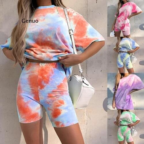 Soft Tie Dye Set Joggers High Waist Shirts and Shorts Casual Set Womens 2Pcs Short Sleeve Daily Wear T-Shirt Short Suit
