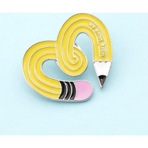 Curved Pencil Enamel pin Yellow Heart Brooch Bag Clothes Lapel Pin Sasha Away Badge Cartoon Jewelry Gift For Boys and Girls
