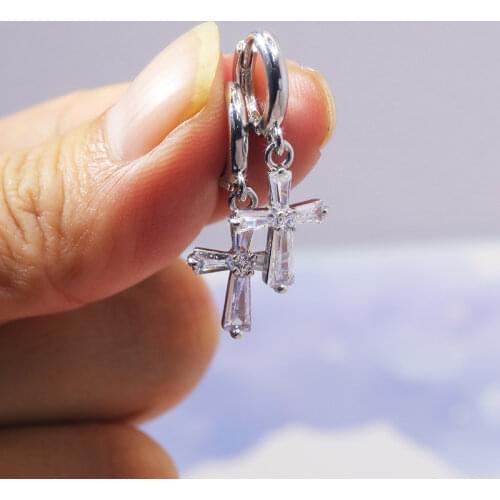 JUWANG 2021 Newest Luxury Hoop Drop Earrings For Women Silver Color Crystal Cross Pendant Dangle Earrings Jewelry Brincos Mujer
