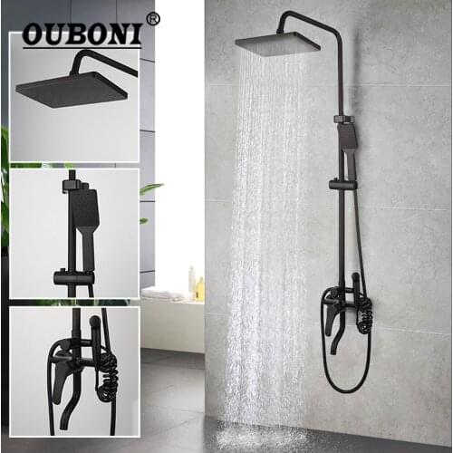 OUBONI Matte Black Bathroom Shower Faucet Set Rainfall Shower Mixer Bathtub Shower Faucet 3-ways Control w/ Hand Shower Mixer
