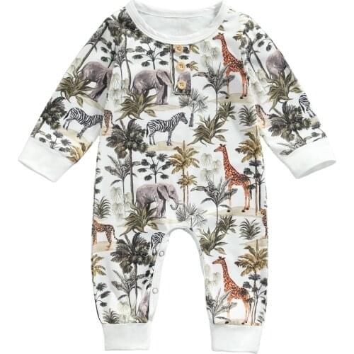 2021 0-18M Infant Baby Girl Boy Romper Spring Autumn Animals Tress Print Patch Button O Neck Long Sleeve Jumpsuit Casual Outfit