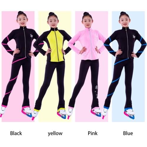 Customized Figure Skating Suits Jacket and Pants Long Trousers for Girl Women Training Ice Skating Warm black pink Mesh sleeve