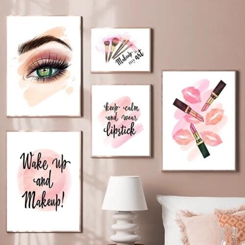 Fashion Makeup Printing Poster Eye Lipstick Pink Makeup Canvas Oil Painting Wall Art Modern Living Room Minimalist Decoration