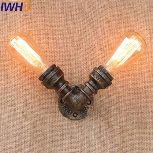 IWHD Loft Style Industrial Vintage Wall Lamp Edison Wall Sconce 2 Lights Iron Water Pipe Wall Light Fixtures Indoor Lighting