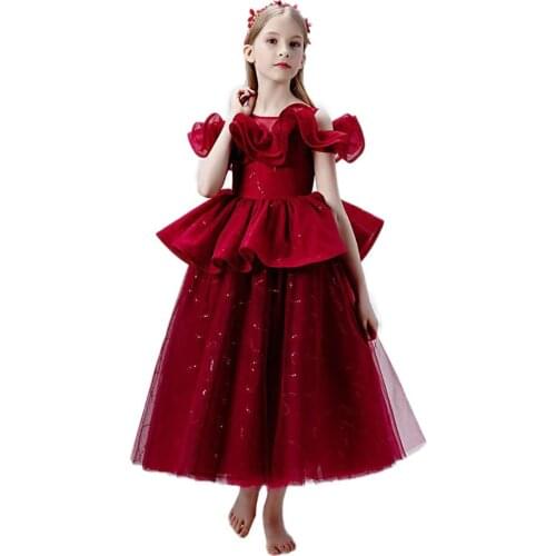 2021 New Children Girls Elegant Flower Dresses Kids Girls Red Long Ball Gowns Party First Communion Wedding Ceremony Vestidos