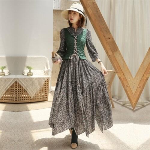 Autumn Women Asymmetrical Dress Q6526 Vintage Tunic Cotton Printed Dresses Mandarin Collar Half Sleeve Maxi Vestido High Quality