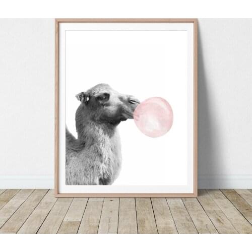 Camel Canvas Poster Nursery Wall Art Print Pink Bubblegum Black and White Cute Animal Camel Painting Boho Children Room Decor