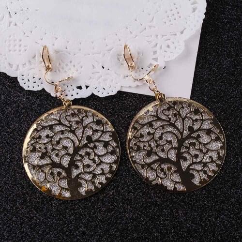 Charm Vintage Style Shape tree 3 Color Shining Classic Hollow Clip on Earrings Without Piercing Party Wedding for Grils