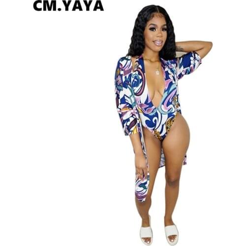 CM.YAYA Women Bikinis Set Flower Print Halter V-neck Bodysuit Three Quarter Long Cloak Two 2 Piece Sets Sexy Beachwear Summer