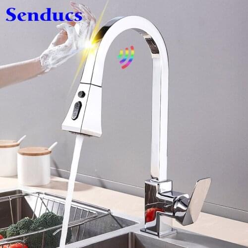 Square Touch Kitchen Faucets Senducs Polished Chrome Pull Out Kitchen Mixer Tap Square Sensor Touch Kitchen Mixer Faucets