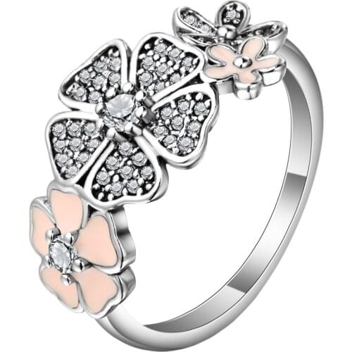 UFOORO Romantic Cubic Zirconia Enamel Pink Flower Rings Femme Beautiful Engagement Rings For Women Bijoux Bagues Dropshipping
