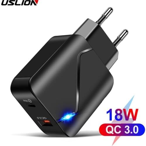 USLION 18W PD adapter EU US QC 3.0 usb Quick charger For iPhone 11 12 Xiaomi mi 9 Samsung Huawei mobile phones LED Fast Charging