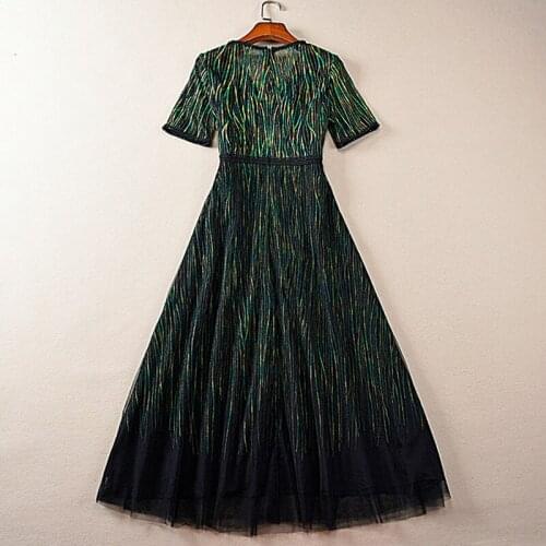 Vintage Runway Women Fashion Summer Luxury Beading Sequined Striped Print Long Party Plus Size Dress