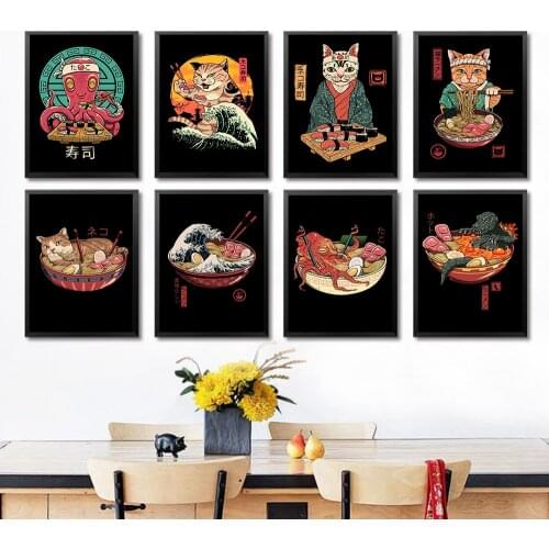 Japanese Samurai Cat Ramen Nostalgia Home Decoration Wall Art Anime Decor Hd Quality Cartoon Print Animal Poster Canvas Painting