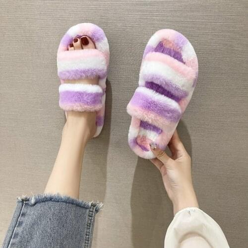 Rainbow Double-Layer Fur Slippers Female Color 2021 Fall/Winter New Large Size Slippers Double Home Warm Slippers 35-42 RALSWNAY