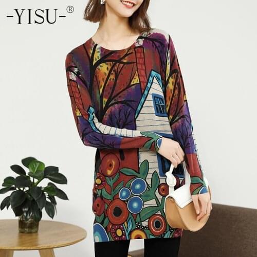 YISU Autumn Winter Women Sweaters Pullover O-neck Long-sleeved Long Sweaters Loose Jumper Women Fashion Printed sweater