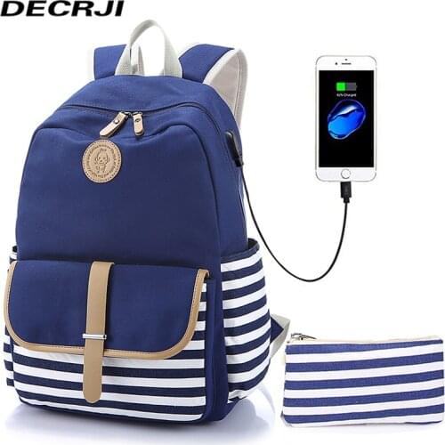 DECRJI Women Canvas Backpack USB Charging Patchwork Travel Rucksacks Large Capacity Student Bagpack School Bag For Teenage Girls