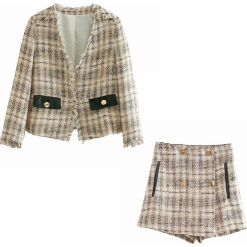 Za Women Fashion V-neck Without Buckle Tweed Check Blazers Coat Vintage Long Sleeve Female Outerwear And High Waist Short Skirt